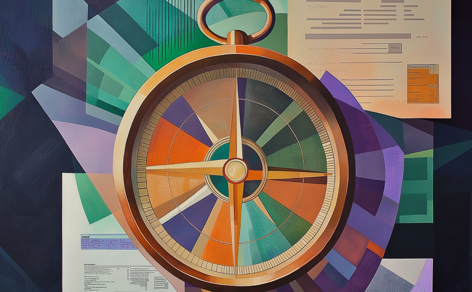 A large, colorful compass is centered on a background of overlapping geometric shapes and scattered documents, symbolizing navigation and decision-making in a digital or data-driven environment.