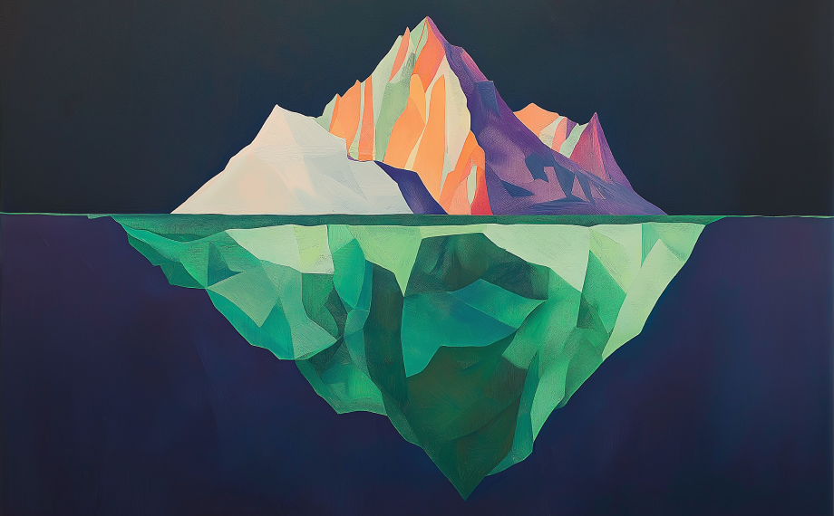 A stylized iceberg floats in dark water, with colorful, angular shapes above and below the surface. The submerged portion is larger and greenish, while the visible tip has shades of white, orange, and purple under a dark sky.