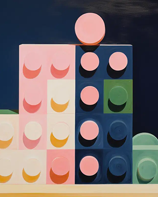 A colorful geometric composition features stacked blocks in pink, white, blue, and green, each with round protrusions resembling toy bricks, set against a dark background.