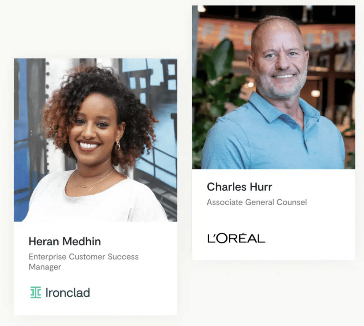 Side by side headshot of L'Oréal Associate General Counsel and Ironclad Customer Success Manager for live webinar discussion of ai contract management