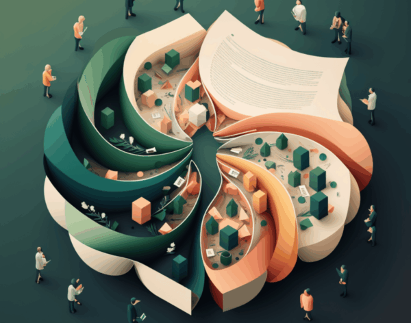 AI generated image of a pinwheel with people and documents within the wheel