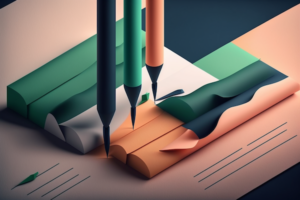 Three pens with green and orange barrels hover over sheets of paper in matching colors, appearing to write or draw abstract lines and shapes—like creating a clickwrap agreement—on a stylized, geometric workspace.