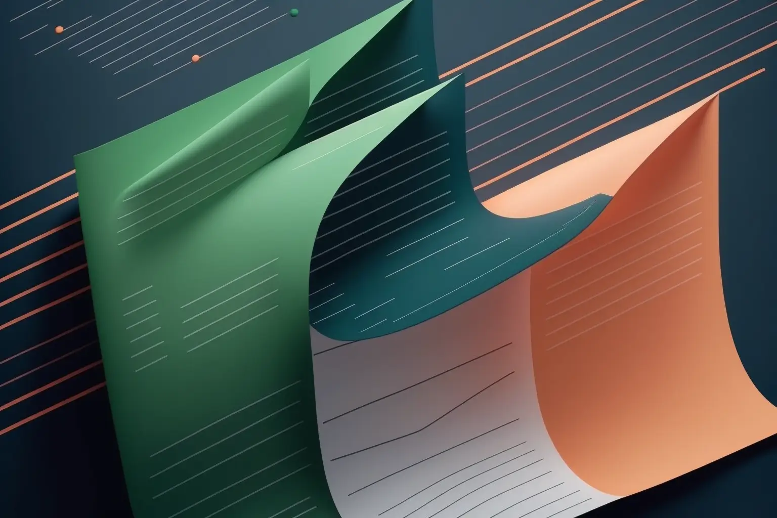 Abstract image of layered, curved green, white, and orange sheets with thin white lines on a dark background, resembling stylized paper or data graphs. Thin diagonal orange lines cross the background.
