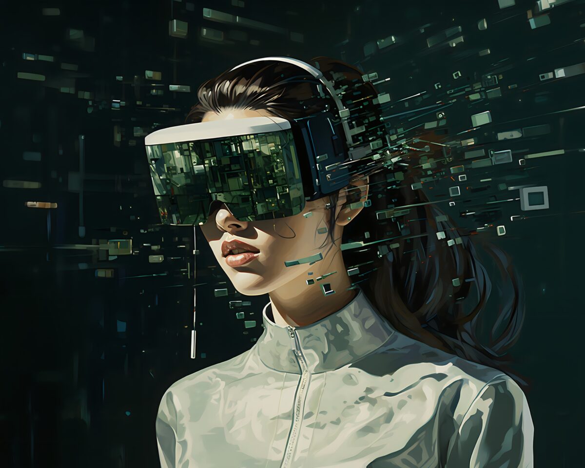 abstract image of woman with VR headset on black background