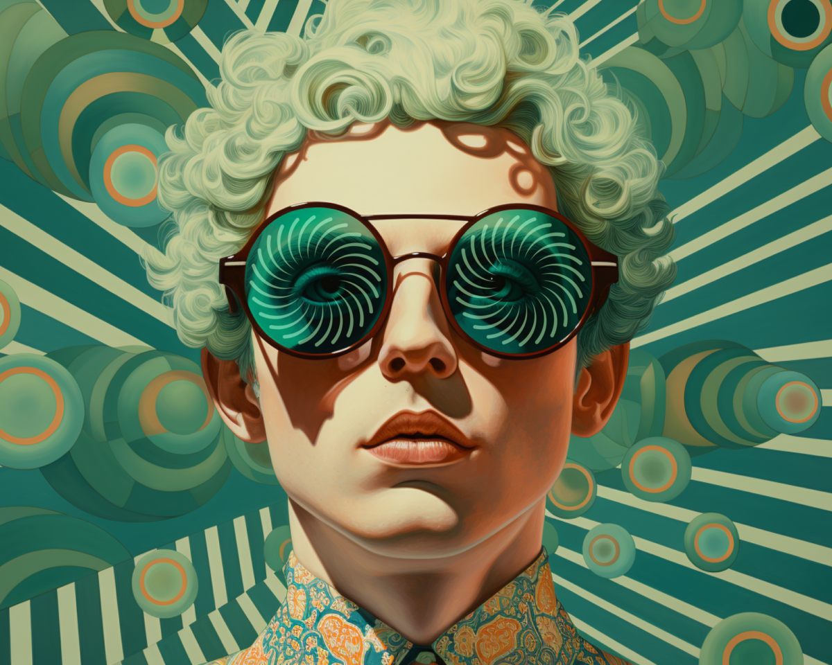 ai generated image with man with spiral sunglasses against a green psychedelic background