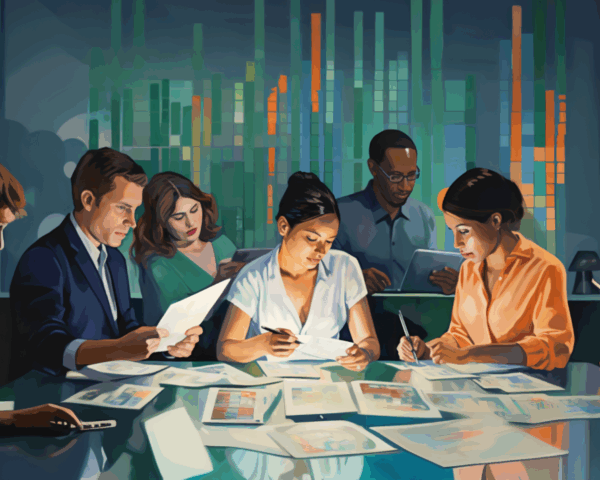 A diverse group of professionals sits around a table, examining papers and digital tablets focused on budget management, with colorful data charts in the background, suggesting a collaborative work or analysis session.