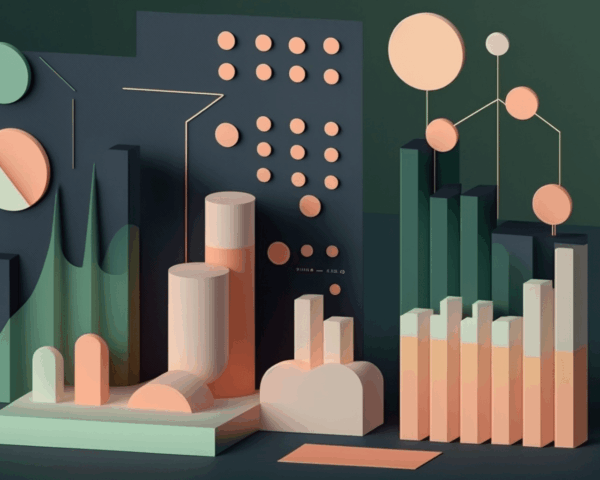 3D abstract illustration of various pastel-colored charts and graphs, including bar graphs, line graphs, and pie charts, visually representing AI contract property detection against a dark background.
