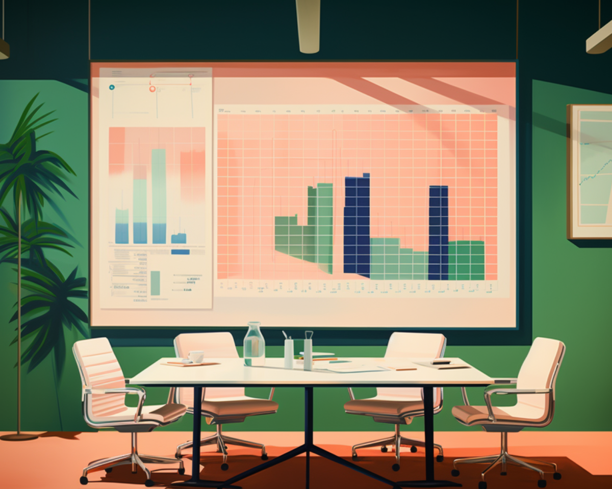 AI generated image of an office conference room with empty chairs and graphs on the walls