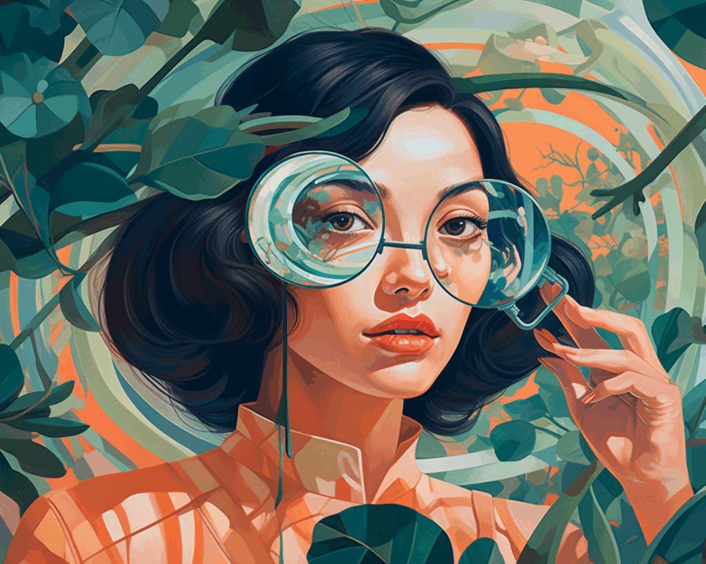 A woman with dark hair holds a large magnifying glass to one eye, surrounded by lush green leaves and swirling abstract patterns, creating a surreal, botanical vibe—as if searching for clues on how to evaluate CLM in nature’s intricacies.