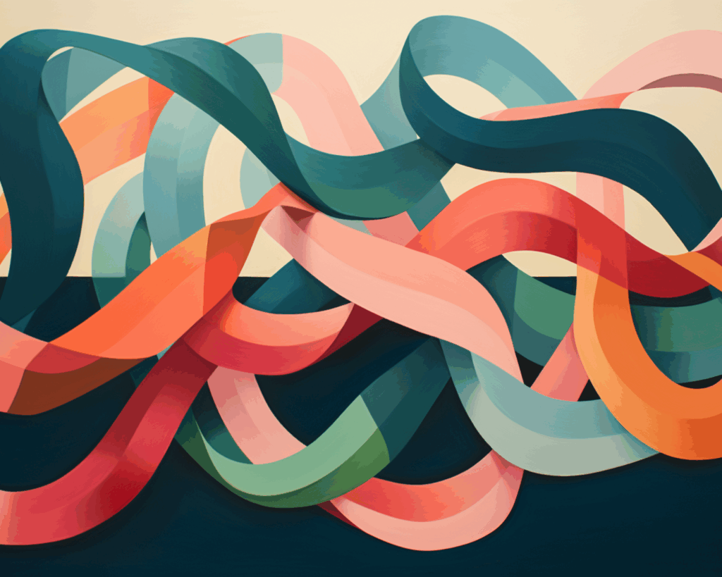 Colorful, intertwined ribbons in pink, orange, teal, green, and blue create a dynamic, abstract pattern against a neutral background, evoking a sense of movement and complexity—much like how to evaluate CLM processes in a vibrant organization.
