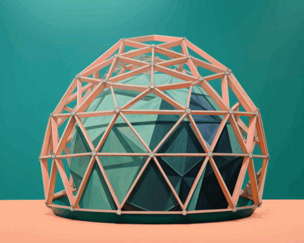 A geometric dome made of wooden rods and joints surrounds a faceted, teal-colored structure, embodying innovation in a time of constraint, set against a striking teal and peach background.