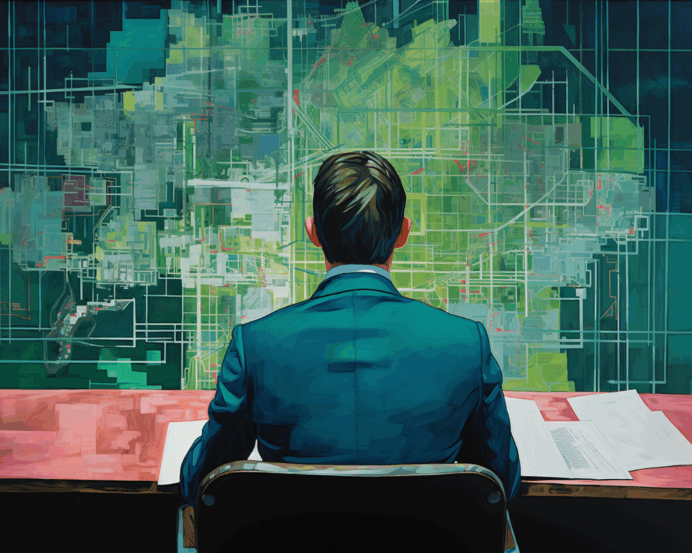 man sitting at a desk, looking at a complex diagram