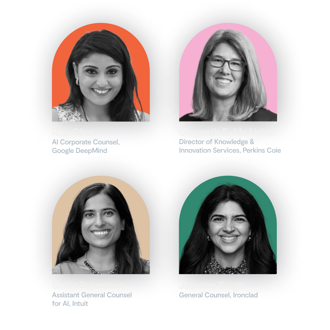 A grid of four professional headshots, each framed in a colored arch, highlights leaders in AI: Ritu Ghai, Gwyneth E. McAlpine, Smita Raimohan, and Jasmine Singh, with their job titles and companies listed below their photos.