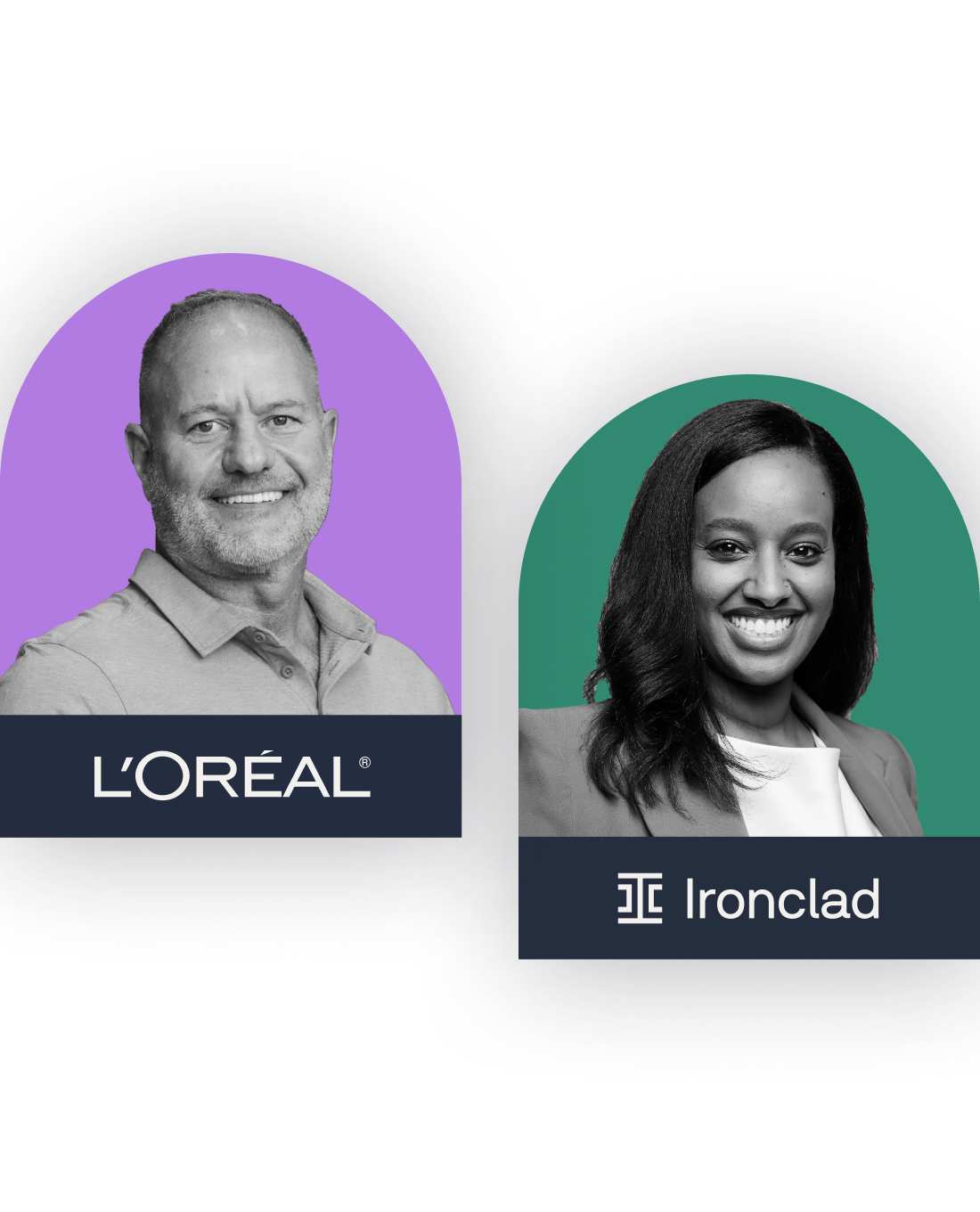 Two business professionals, one man and one woman, appear in separate portraits with colored backgrounds. The man stands by the LOréal logo on purple, and the woman is beside the Ironclad logo on green, both representing innovation in AI.