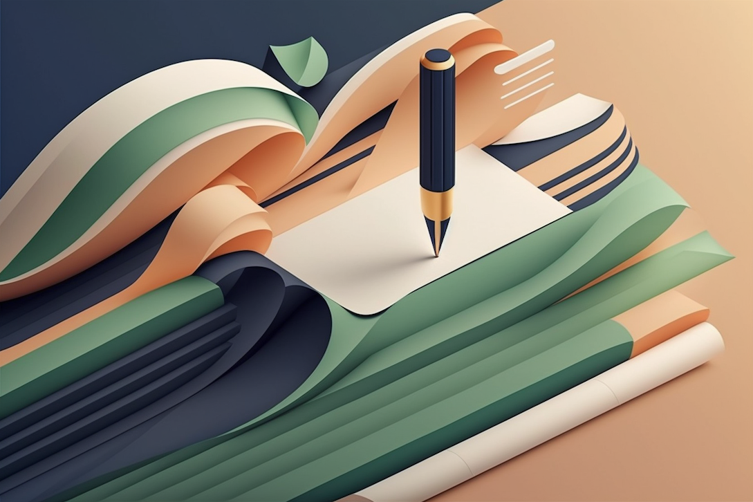A stylized illustration of a pen resting on a blank notecard, surrounded by abstract, AI-inspired flowing shapes resembling pages of a book in soft green, cream, orange, and navy blue tones.