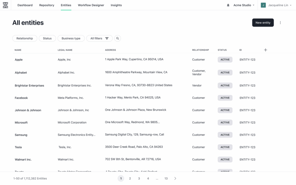 A dashboard displays a table of business entities, enhanced with AI customization, listing names, addresses, relationships, statuses, and entity IDs. Companies include Apple, Alphabet, Facebook, Johnson & Johnson, Microsoft, Samsung, Tesla, and Walmart.