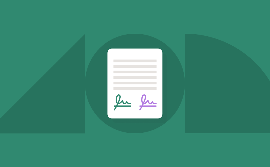 A stylized illustration of a document with text lines and two signatures, one green and one purple, centered on a green geometric background.