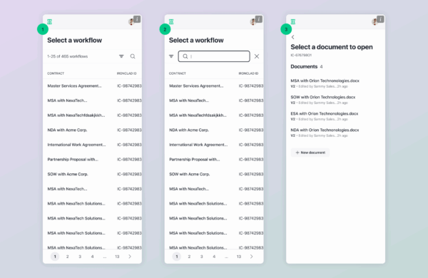 Three mobile screens display a workflow app: the first shows a searchable list of workflows, the second highlights typing in the search bar, and the third displays documents to open within a selected workflow—integrating with Ironclad Word Add-In.