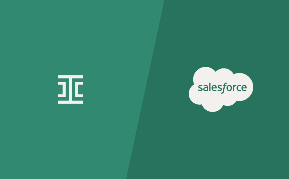 A green background split diagonally. On the left is a white minimalist logo with symmetrical lines, and on the right is the Salesforce cloud logo with the word salesforce inside a white cloud shape.