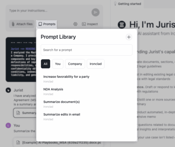 A screenshot shows an Ironclad Word Add-In Prompt Library pop-up with a search bar and filter buttons (All, You, Company, Ironclad). Below, prompts like Increase favorability for a party and NDA Analysis are listed.