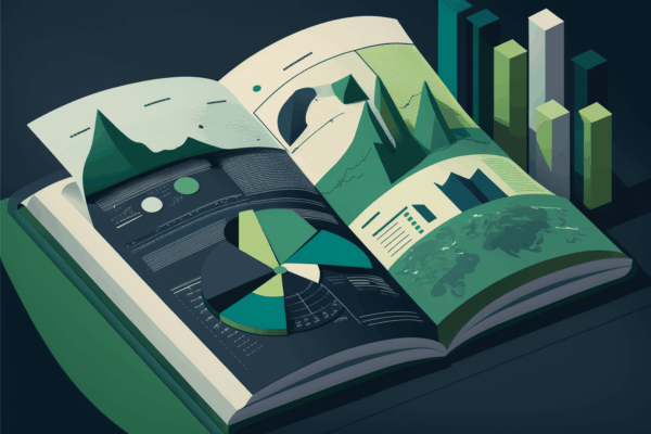 An open book displays colorful charts, graphs, and pie charts, with 3D bar graphs emerging from its pages. Shades of green and blue highlight data analysis, statistics, and a detailed CLM cost breakdown.