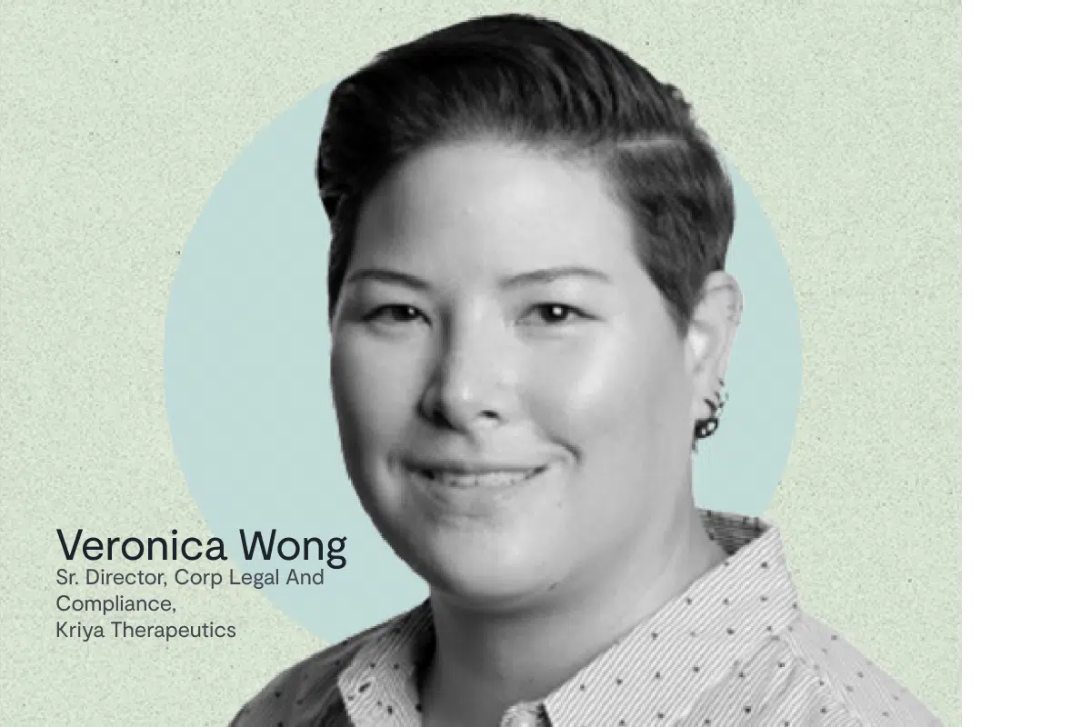 Black-and-white headshot of a person with short hair, wearing a patterned shirt, smiling slightly. Text on image: “Veronica Wong, Sr. Director, Corp Legal And Compliance, Kriya Therapeutics—expert in MSAs and SOWs.”.