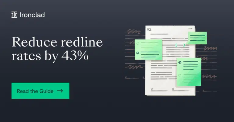 Ironclad promotional graphic showing text Reduce redline rates by 43% next to an illustrated document with green comment boxes, highlighting the power of contract negotiation software. A green button below says Read the Guide.