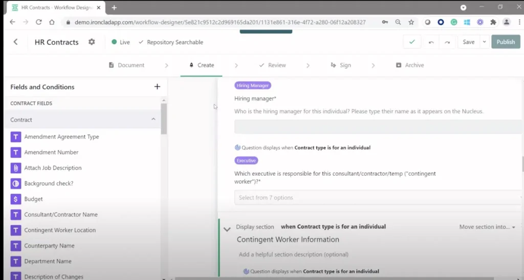 A computer screen displays a workflow management interface titled HR Contracts. The user is editing an HR Contracts form with sections for hiring manager and contract type, featuring options and visible conditional logic.