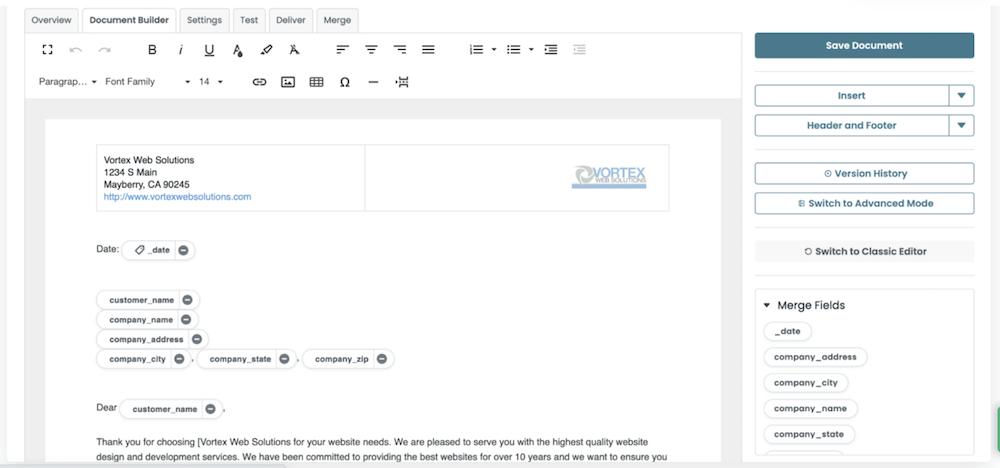 A document editor interface displays a letter template with fields for company name, address, and contact info. Merge fields and editing options, including Formstack integration, are visible on the right sidebar along with a Save Document button.