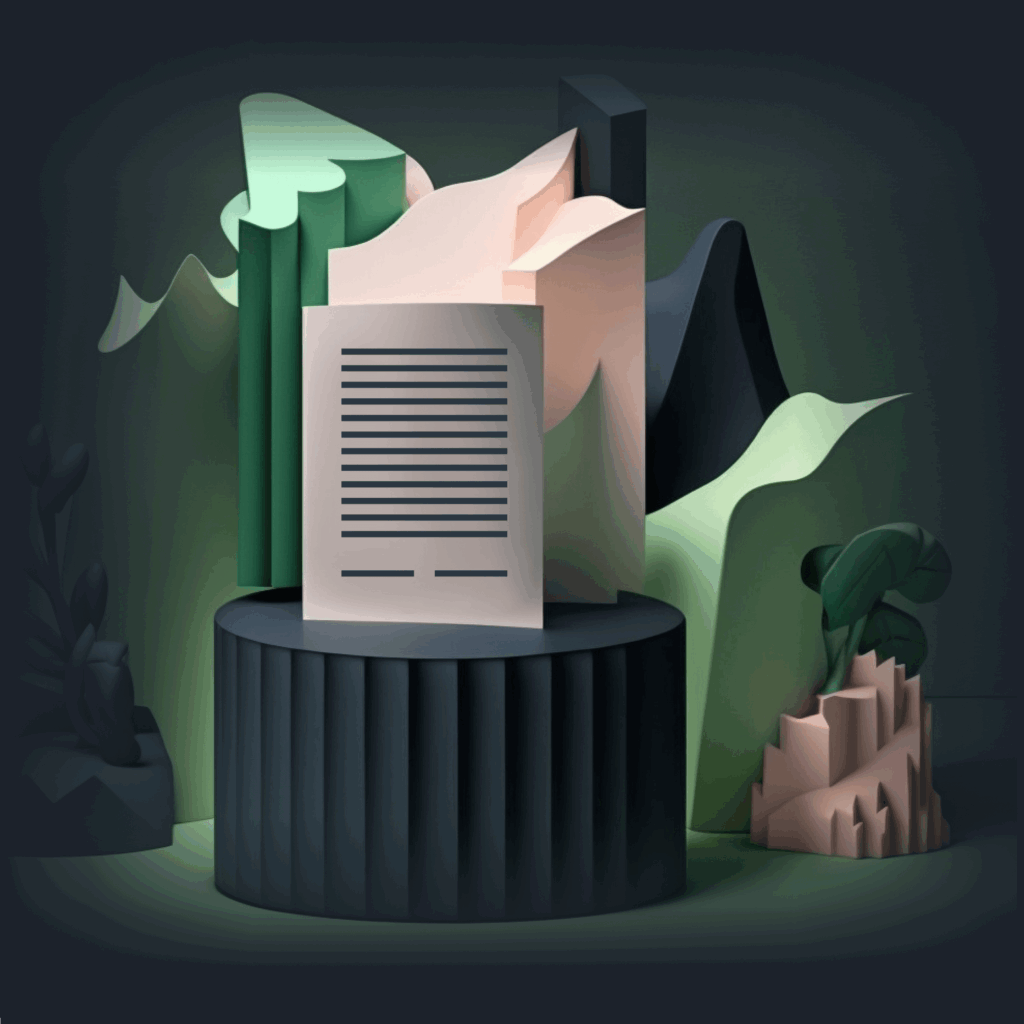 A stylized digital illustration shows a document with lines of text on a dark round pedestal, surrounded by abstract shapes resembling mountains and plants in green, cream, and black tones.