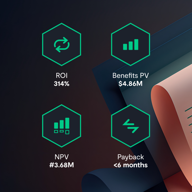 A graphic shows four hexagonal icons with business metrics: ROI 314%, Benefits PV .86M, NPV class=