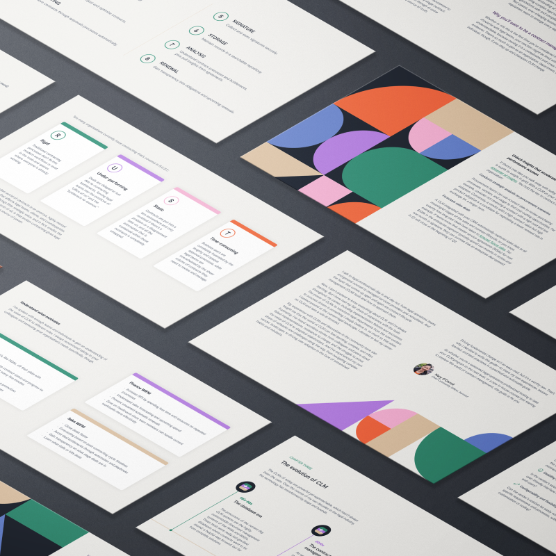 A collection of modern presentation slides arranged on a dark surface, featuring text blocks, colorful geometric patterns, icons, and profile images, with a clean, professional design style.