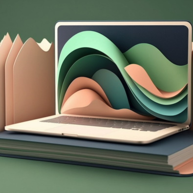 A laptop with a screen displaying layered, abstract waves in green and beige tones sits on top of two closed books, next to a folded paper sculpture resembling mountains.