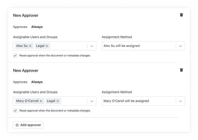 Screenshot of an approval settings interface—ideal as a LinkSquares alternative—showing two approvers with assigned users or groups, assignment methods, options to reset approval on changes, and buttons to add or delete approvers.