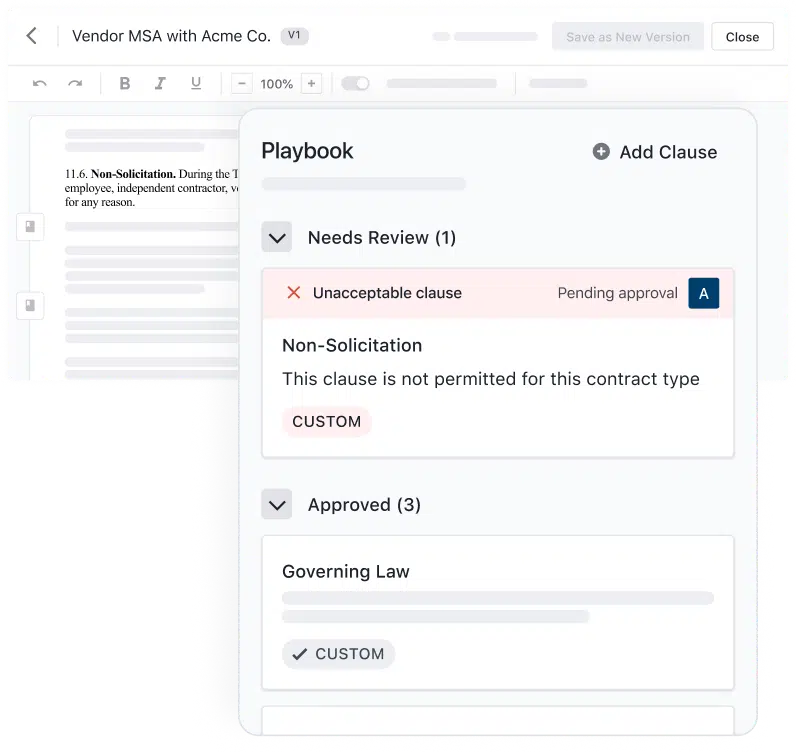 A software interface displays a Playbook sidebar, highlighting a flagged Non-Solicitation clause under Needs Review—marked unacceptable and pending approval—alongside approved clauses like Governing Law, serving as a robust linksquares alternative.