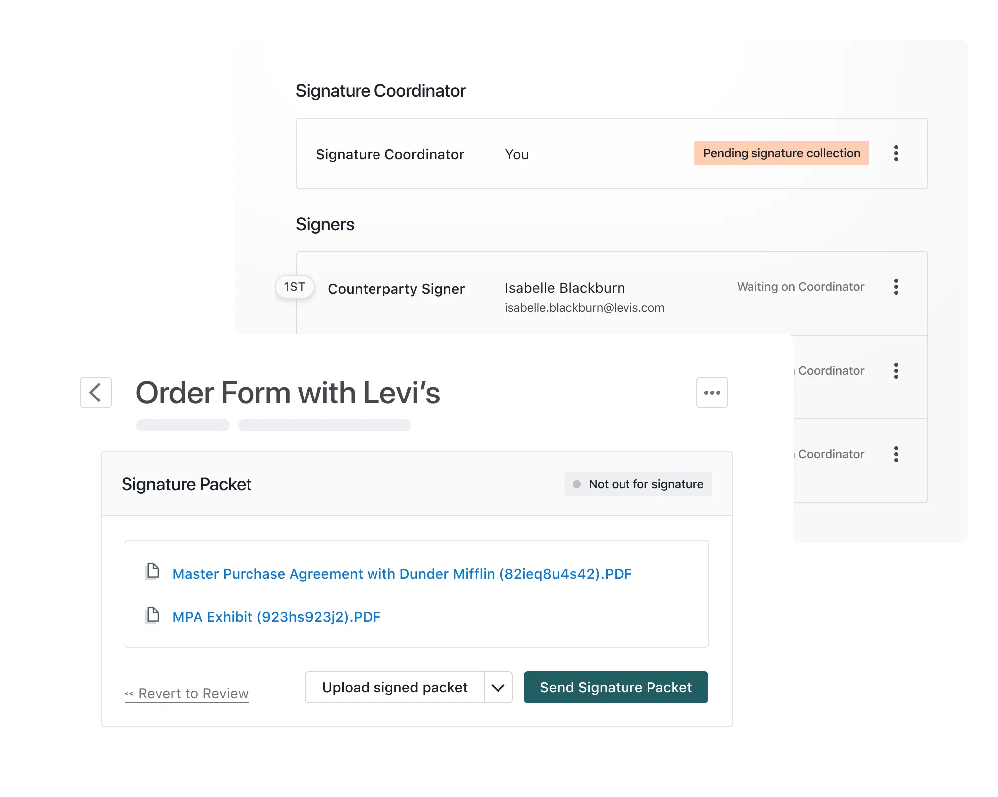 Screenshot of a digital signature management interface featuring the outlaw alternative for handling signature status, signers, and documents like a Master Purchase Agreement and MPA Exhibit ready for upload and sending.