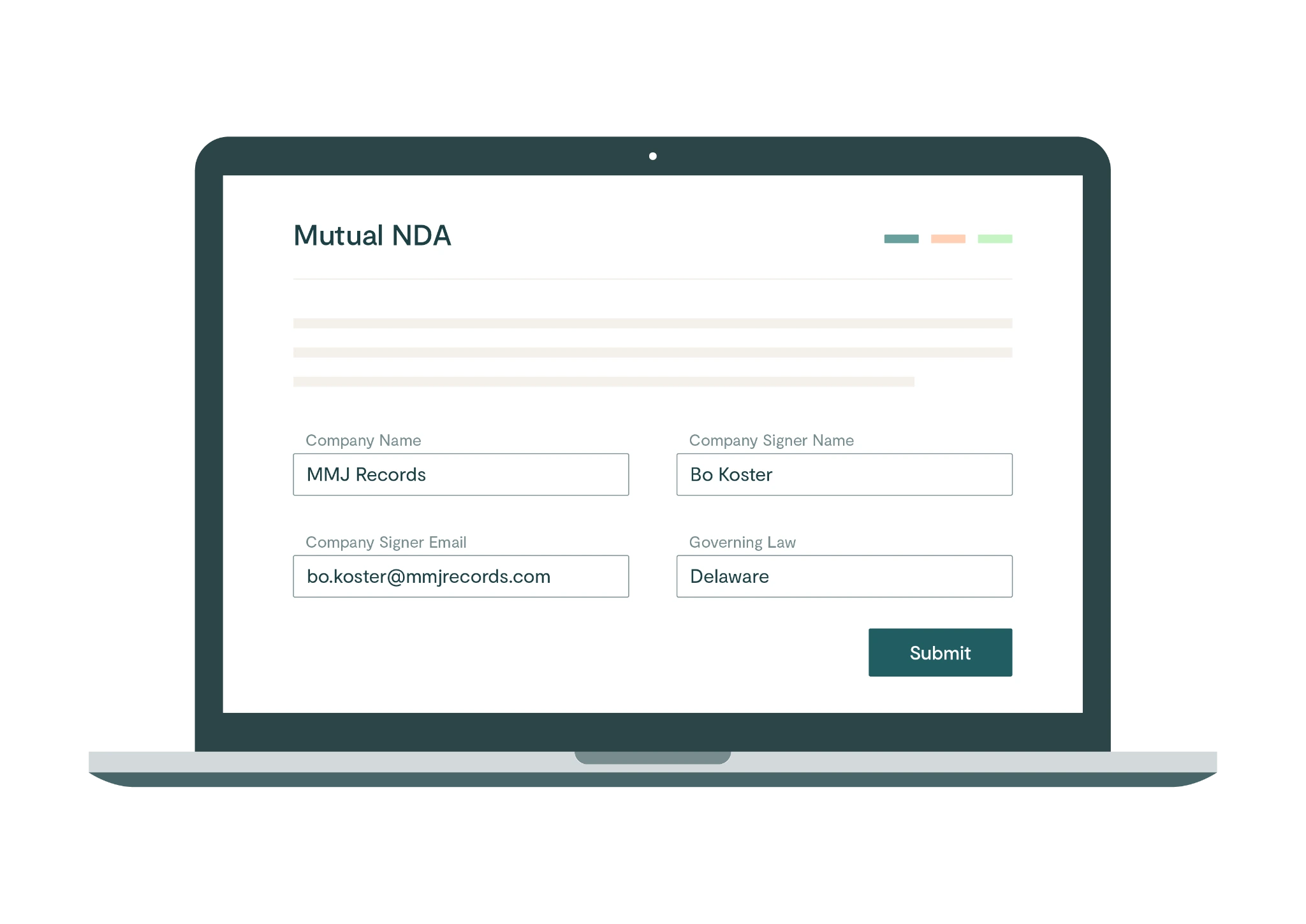 A laptop screen displays a Mutual NDA form with fields for company name, signer name, signer email, and governing law. Sample data is entered, and a green Submit button appears at the bottom right—an efficient outlaw alternative to paperwork.