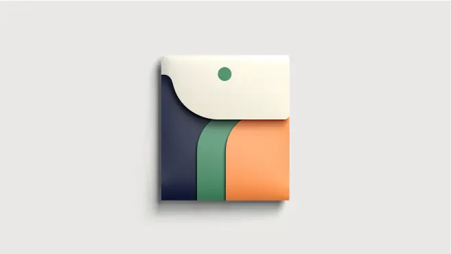 A square envelope with a modern design in navy blue, green, and orange sections, plus a white flap with a green dot closure—offering a fresh look for any juro alternative—set against a plain light gray background.