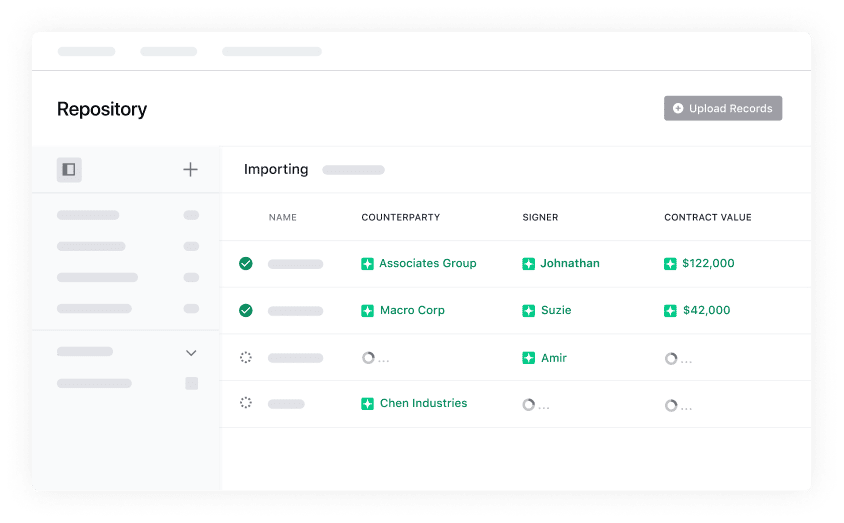 A dashboard screen showing a repository of contracts, ideal as a LinkSquares alternative. It lists counterparties, signers, and contract values, with examples like Associates Group (2,000) and Macro Corp (,000). A button says Upload Records.