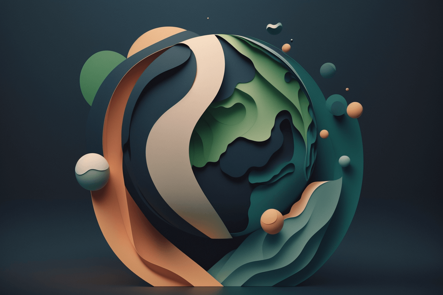A stylized, abstract 3D illustration of Earth featuring layered shapes in teal, green, and beige tones, with flowing waves and circular elements surrounding the globe on a dark background.