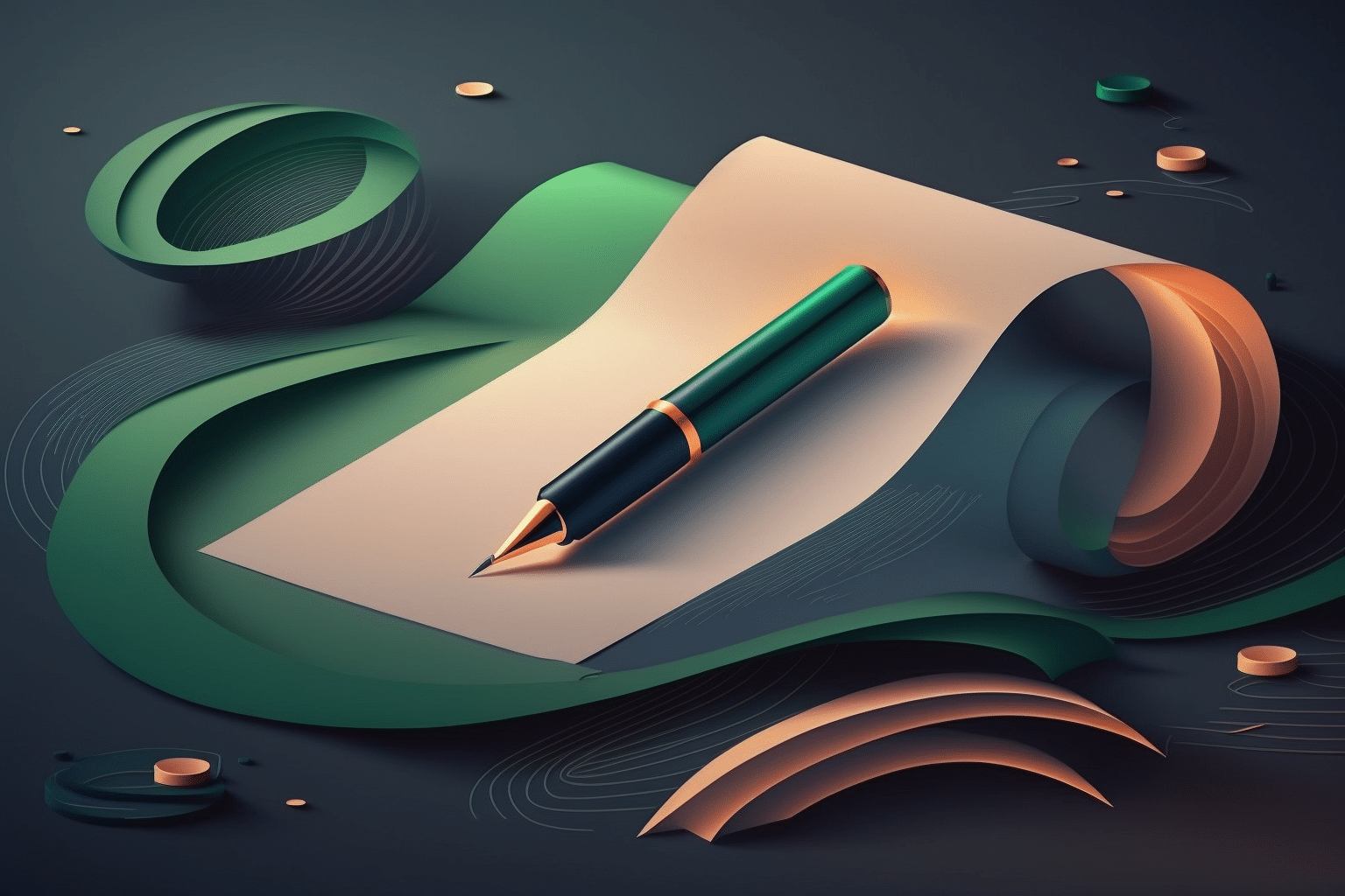 A fountain pen rests on a blank scroll of paper, surrounded by abstract green and orange shapes and scattered circular objects on a dark background.