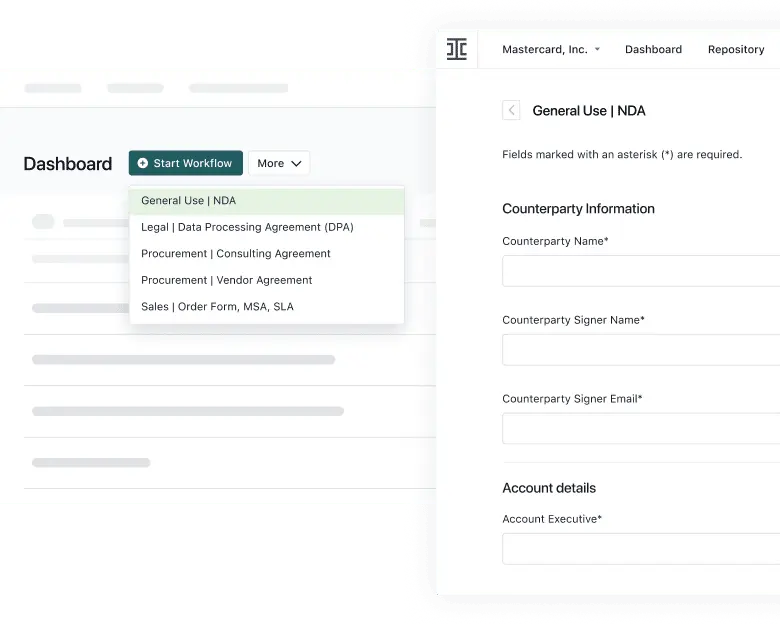 A dashboard interface shows a dropdown menu with contract types like NDA and Data Processing Agreement, alongside a form titled General Use | NDA for company and account details—ideal if you're seeking a LinkSquares alternative.