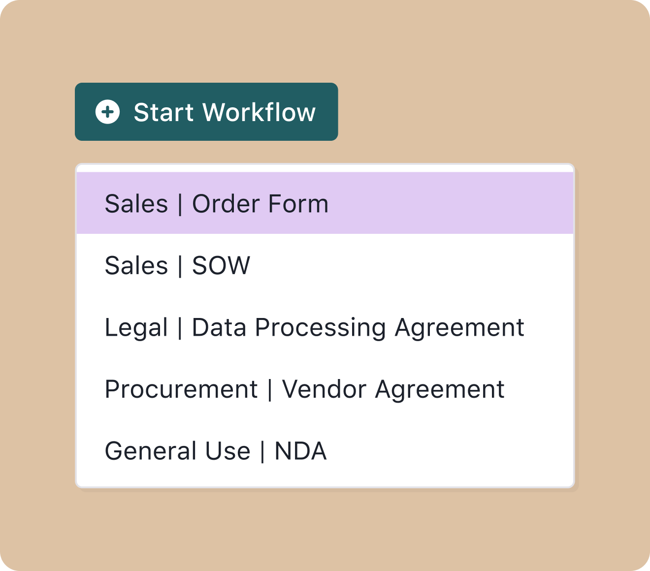 button cta to start a workflow with workflow options to start underneath