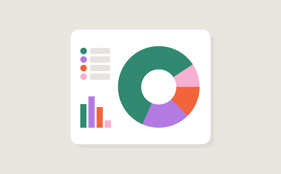 A simplified illustration of a data dashboard powered by AI for career growth, featuring a donut chart and bar chart in green, purple, orange, and pink, with a matching color legend on a white background.
