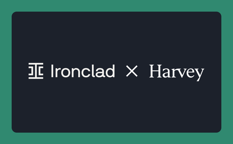 A black rectangle features the Ironclad logo and name on the left, a white “X” in the center, and the Harvey name on the right—all set against a green background hinting at ai for career growth.