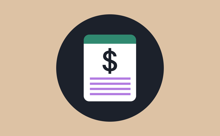 Icon of a document with a large dollar sign, green header, and purple lines inside a dark circle on a beige background, representing financial or billing information powered by AI for career growth.