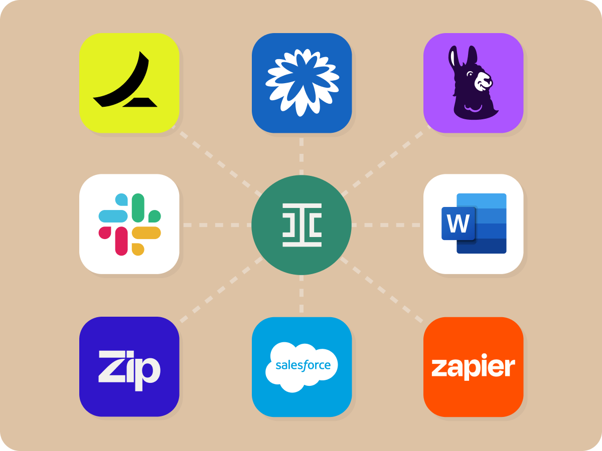A central green circle linked to eight app icons, including Slack, Microsoft Word, Salesforce, Zip, Zapier, and three others with distinct logos on a beige background—showcasing how teams can fulfill contracts effortlessly through connected platforms.