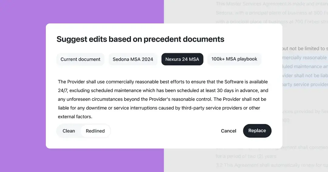 A pop-up window titled Suggest edits based on precedent documents displays four selectable document options and a section with legal text, leveraging ai agentic technology. At the bottom are buttons labeled Clean, Redlined, Cancel, and Replace.