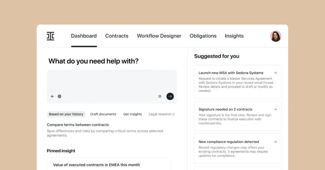 An ai agentic dashboard interface displays tabs for Dashboard, Contracts, Workflow Designer, Obligations, and Insights. A support prompt asks, What do you need help with? and the right side features a Suggested for you panel for launch support.