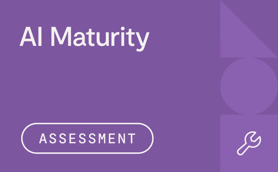 A purple graphic with the text Contract AI Maturity at the top and a white button labeled Assessment at the bottom. Geometric shapes and a wrench icon appear in the bottom right corner.